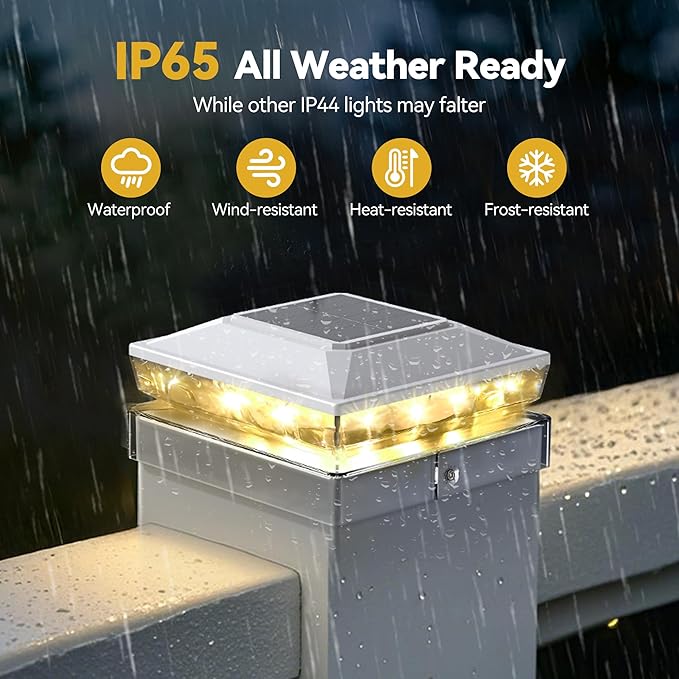 Solar Post Cap Lights 6 Pack Upgraded Outdoor Deck Fence Post Solar Lights for 4x4 5x5 Wood/Vinyl Posts IP65 Waterproof 10-12 Hours Warm White Glow for Garden/Patio/Porch - White