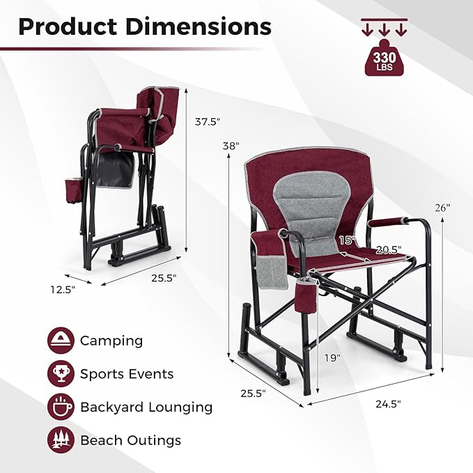 Goplus Outdoor Rocker Camping Chairs for Adults Portable Folding Chair w/Dual Springs Padded Back Cup Holder Storage Pocket Heavy-Duty Rocking Arm Chair for Beach Lawn Travel Fishing(2Wine)