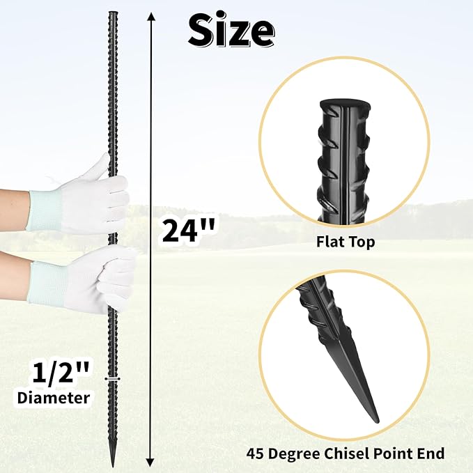 24 Inches Straight Rebar Stakes(20-Pack) 1/2 Diameter Steel Metal Stakes for Garden with Chisel Point End Heavy Duty Ground Anchors for Landscape Concrete Form Camping &amp Trapping Black