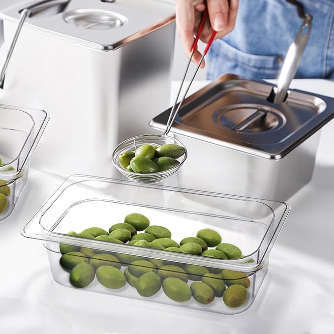 Bekith 6 Pack Plastic Clear Food Pans with Lids 1/3 Size 4 Inch Deep Stackable Commercial Polycarbonate Pans for Kitchen Restaurant Food Prep Freezer-Safe