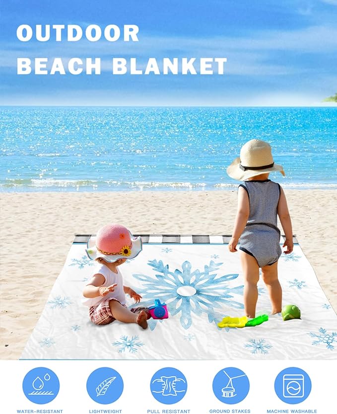Beach Blanket Waterproof Sandproof OversizedBlue Snowflake Merry Christmas Beach Mat with Corner Stakes Sand PocketsWinter Snow Checker Outdoor Picnic Mat for Travel Camping Hiking 95x80In