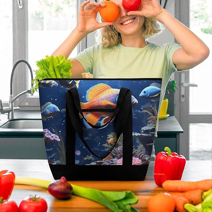 Insulated Shopping BagLarge Reusable Cooler Bags Fishs Printed Foldable Shopping BagTravel Waterproof Shoulder Bag