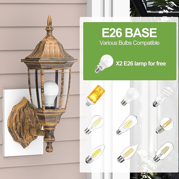 EMART Outdoor Porch Light Brushed Gold Anti-Corrosion Plastic Material Wall Mount Lantern for Backyard Garage Front Porch - 2 Pack