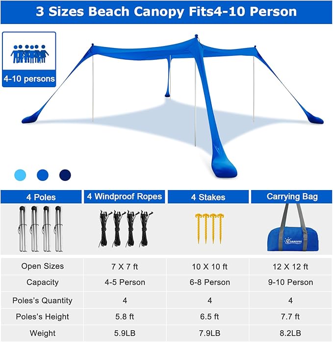 COMMOUDS Beach Tent Sun Shelter - UPF50+ Pop Up Beach Canopy with Sandbags &amp Sand Shovel &amp Windproof Poles Portable Sun Shade for Beach Camping Picnics Backyard