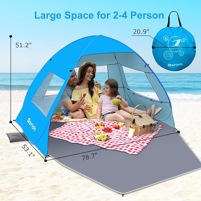 Gorich Easy Pop Up Beach Tent for 3-4 Person UPF 50+ UV Protection Beach Umbrella Sun Shelter Portable Lightweight Shade with Easy Foldable &amp Instant Setup