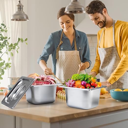 6 PCS Stainless Steel Pan Steam Table Pans 1/6 Size 4 Deep Stainless Steel Hotel Pan with Lid Restaurant Food Storage Containers with Lids Hotel Pans with Lids for Home Party Restaurant Hotel Buffet
