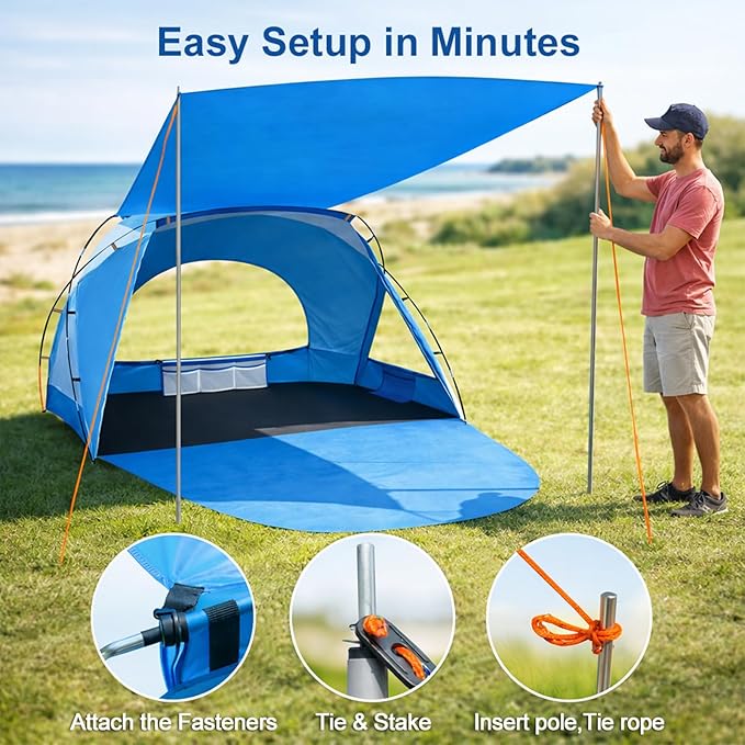Beach Tent Portable Sun Shelter for 2/3/4/6-8 Person with UPF 50+ UV Protection Easy Setup Waterproof Beach Shade Canopy Cabana for Family Outdoor and Picnics Fishing with Carrying Bag