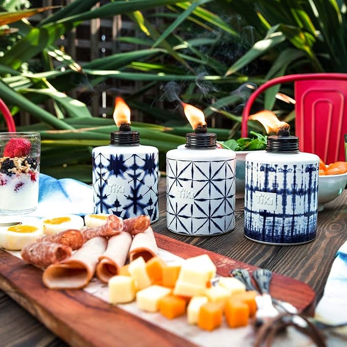 TIKI Glass Tie-Dye Tabletop Torches 3-Pack – Decorative Outdoor TIKI Torches for Patio Backyard &amp Garden – Portable Tabletop Citronella Torches for Outdoor Lighting – Blue 5.75-Inch