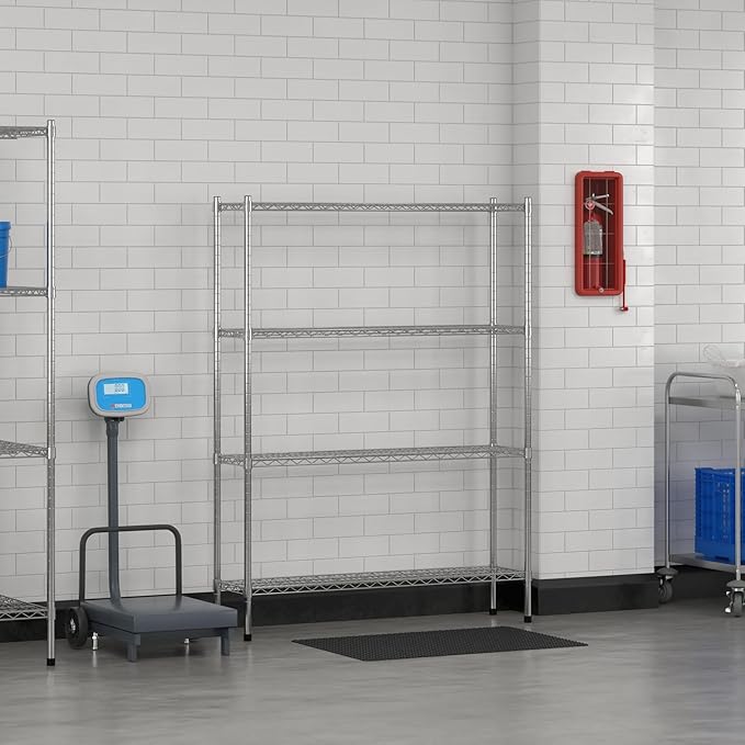 Commercial NSF Listed Chrome Stationary Wire Shelving Kit 12 x 48 x 64 with 4 Shelves Perfect for Warehouse Walk-in Refrigerator Freezer Grocery Store Restaurant Dishroom