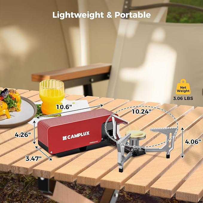 CAMPLUX FoldGo Camping Stove 7500 BTU Portable Butane Gas Stove Foldable Cassette Stove with Carry Bag &amp Adjustable Burner CSA Certified Collapsible Butane Stove for Outdoor Cooking Red