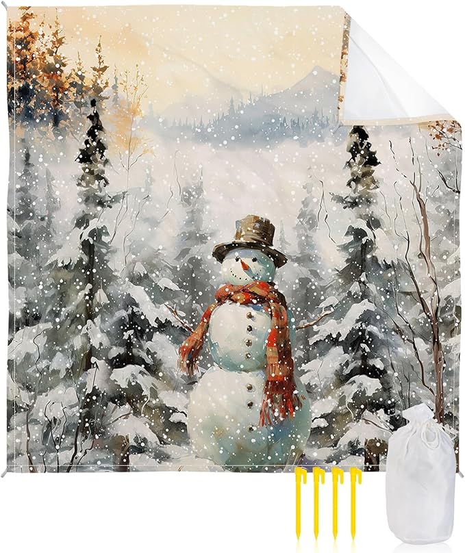 Beach Blanket Waterproof Sandproof OversizedWinter Christmas Cute Snowman Beach Mat with Corner Stakes Sand PocketsTree Forest Snow Scene Outdoor Picnic Mat for Travel Camping Hiking 118x108In