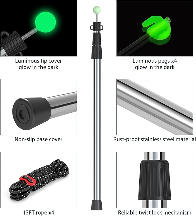 SANLIKE Telescoping Tarp Pole Heavy Duty Tent Poles 33-86.6/94 Thickened Tube Collapsible Stainless Steel Canopy Poles for Camping Backpacking Hiking Awning Sun Sails Outdoor Sports Set of 2