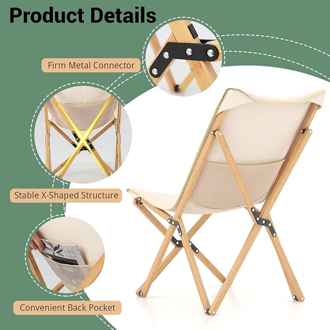 Tangkula Camping Chairs 2 Pack Portable Folding Lawn Chair with Solid Bamboo Frame Ultralight Canvas Seat Back Pocket Carrying Bag Outdoor Beach Chair for Backpacking Fishing Travel Camp
