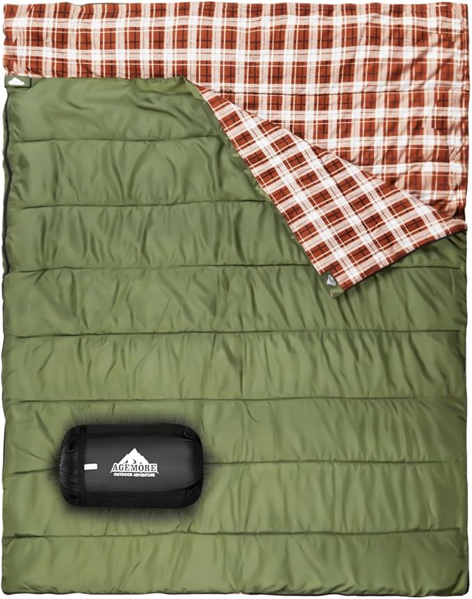 AGEMORE Cotton Flannel Double Sleeping Bag for Camping Backpacking Or Hiking. Queen Size 2 Person Waterproof Sleeping Bag for Adults Or Teens. Lightweight with Compression Sack