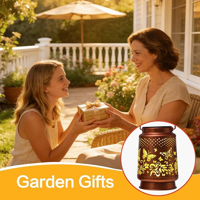 Solar Lanterns Outdoor Waterproof Butterfly Garden Decor Birthday Gifts for Women Mom Grandma Hanging Solar Lights Metal Lantern Decoration Outside for Yard Patio Backyard Porch