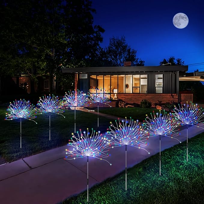 Outdoor Solar Garden Lights 4 Pack 120 LED Copper Wire Waterproof Garden Fireworks Lamp with Remote 8 Modes Decorative Sparkles Stake Landscape Light for Pathway Lawn Decor (Colorful)