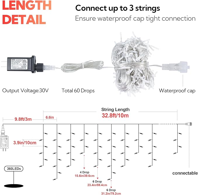 Hopolon 33FT 360L LED Icicle String Lights - Outdoor Waterproof 8 Modes With 60 Drops - Curtain Lights for Indoor/Outdoor Decorations (Red)