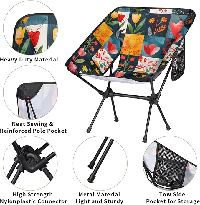 Honeybaby Folding Camping Chair Flowers Floral Plaids Camping Chairs Lightweight Portable Chair Outdoor Foldable Chairs for Camping Travel Picnic Beach Hiking