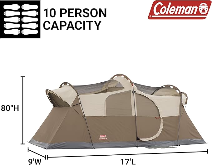 Coleman WeatherMaster 10-Person Camping Tent with Rainfly &amp Room Divider Spacious Weatherproof Family Tent with Carry Bag