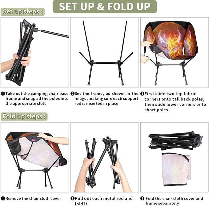 Dragon Fire Camping Chairs for Adults Ultralight Folding Chairs Outside Portable Camp Backpacking Chair with Side Pocket Storage Bag Compact Beach Chairs for Hiking Fishing