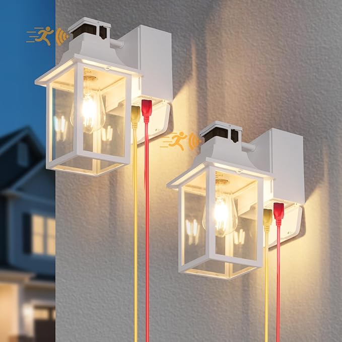2 Pack White Porch Lights with GFCI Outlet Dusk to Dawn Motion Sensor Outdoor Lighting Waterproof Exterior Wall Sconces for House Front Door and Garage