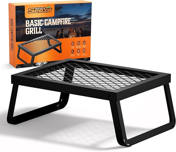 Folding Campfire Grill – Portable Over-Fire Grill with Food-Safe Coating Heavy Duty Steel Compact with Folding Legs - Camping RV Overlanding Fire Pits