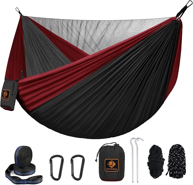 Camping Hammock Portable Hammocks with Mosquito NetLightweight Nylon Parachute Hammock with 10ft Tree StrapsCamping Gear Must Haves for Travel Hiking Backpacking Beach Patio-Black&ampRed