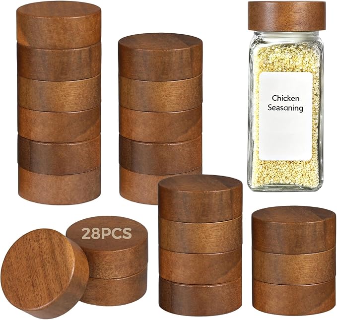 28 Pcs Air Tight Wood Lids for Spice Jars Wooden Jar Lids 1.6 in for 4 Oz &amp 8 Oz Jars Reusable Lids