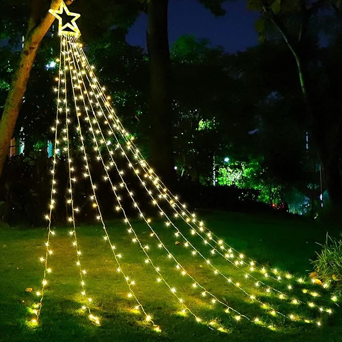PUHONG Christmas Decoration Outdoor Star String Lights Christmas Tree Toppers Lights 320 LED 8 Modes with 12 Lighted Star for Halloween Christmas New Year Holiday Birthday Decor (Warm White)