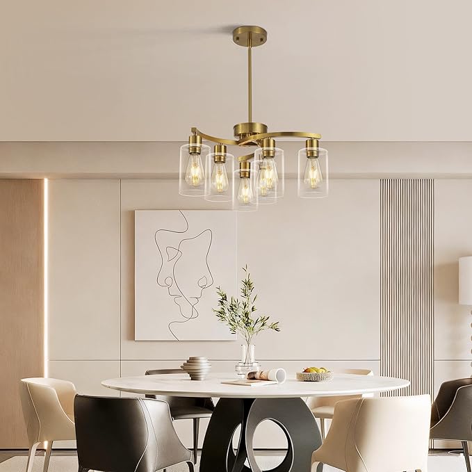 6 Light Gold Dining Room Light FixtureModern Farmhouse Kitchen Chandeliers Over TableAdjustable Height Hanging Pendant Lighting for Kitchen Island with Glass Shade