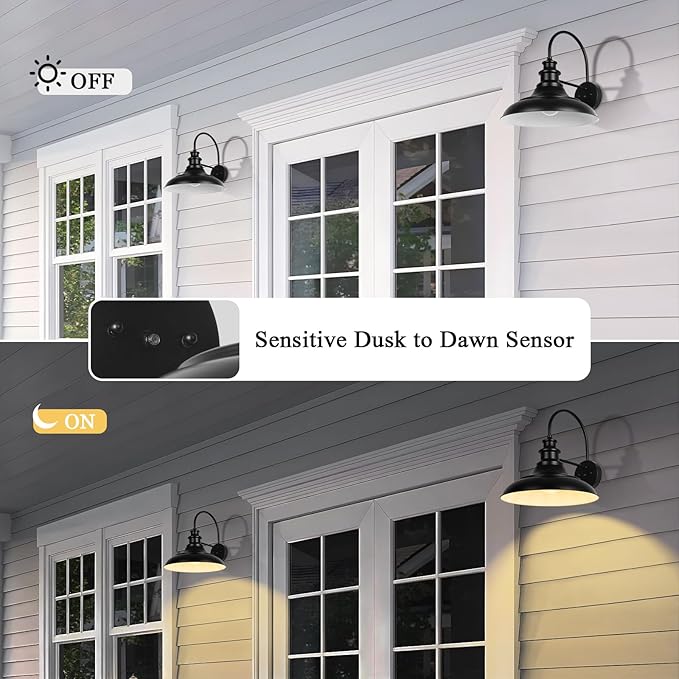 Dusk to Dawn Sensor Outdoor Barn Light Fixtures 12.3 Inch Dome Farmhouse Outdoor Wall Sconces Exterior Wall Mount Lights Industrial Black White Wall Lanterns for Porch DDRZ004-4 BK+WH