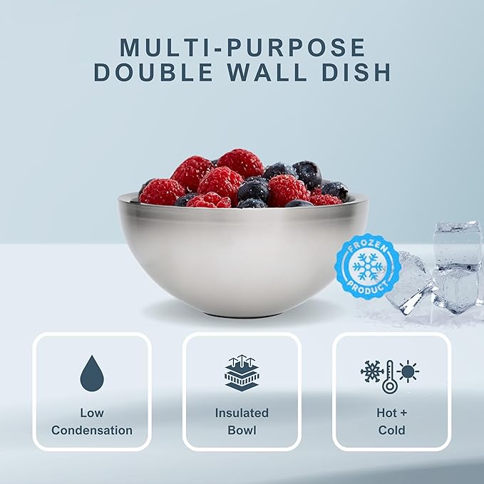 Dip Chiller Bowl - Large 70oz Capacity - Frozen Ice Stainless Steel Party Serving Bowl - Insulated Dip Dish Platter Keeps Salsa Guacamole Condiments Sauces Salad &amp Food Hot or Cold (2 Bowls)
