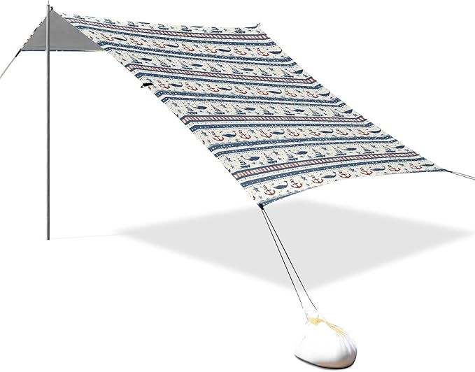ALAZA Sailboat Anchor Stars Stripe Beach Tent Sun Shelter UPF50+ Protection Beach Shade Canopy w/ 4 Sandbags for Outdoor Camping Fishing Backyard Fun Picnic 10x9 ft