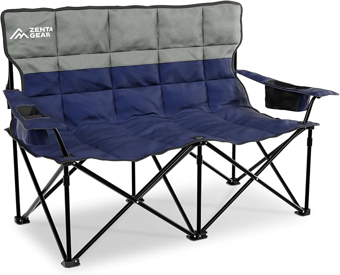 Oversized Fully Padded Double Camping Chair Portable Folding Loveseat w/Side &amp Back Pockets Adjustable Armrests Double-Sized Cup Holders for Outdoor Indoor Supports 530LBS (Dark Navy)