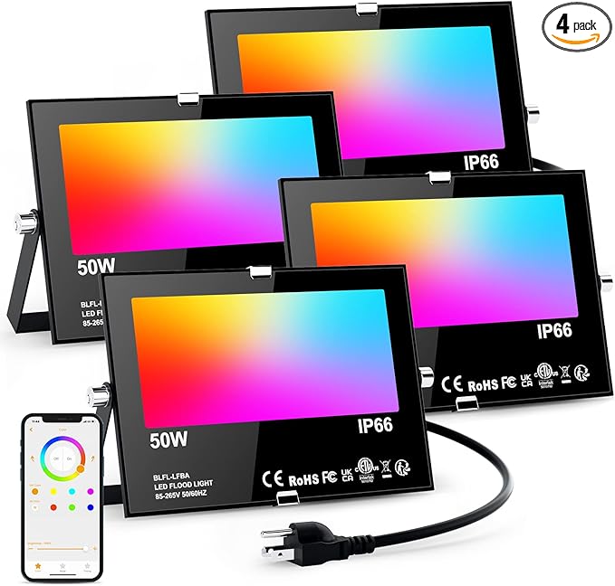Flood Lights Outdoor RGB 500W Equivalent Smart Color Change &amp Daylight 5700K Landscape Light IP66 Waterproof Patio Lights via App Control Indoor Ambient Lighting DIY Scenes/Music Sync/Timing-4