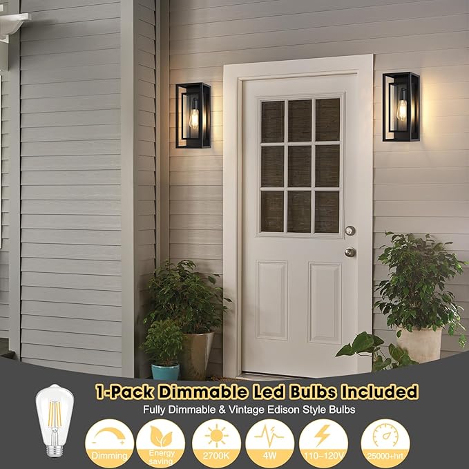 Outdoor Wall Light Fixtures Waterproof Black Exterior Sconce Porch Lights with Glass Shade Modern Outdoor Light Fixtures Wall Mount for Garage Front Door Patio Entryway 1-Pack