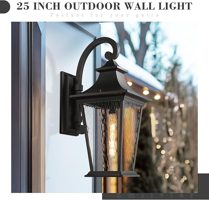 Emliviar 25 Inch Exterior Lighting Fixture Black Outside Lights for House Outdoor Wall Lantern with Water Ripple Glass XE220B-SW BK