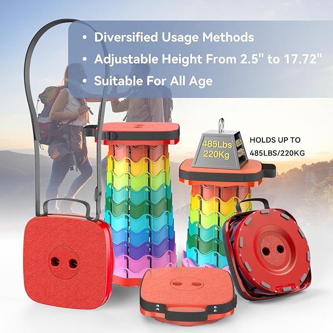Upgraded Collapsible Stool Portable Folding Stool Telescoping Camping Chair with Max Load Capacity 485lbs Square Retractable Stool for Camping Gardening Fishing Hiking BBQ [Rainbow+Red]