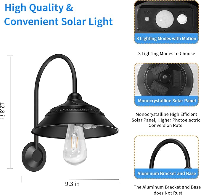Aqonsie Solar Barn Lights Outdoor Vintage Rustic Solar Chicken Coop Light with 3 Lighting Modes &amp Motion Sensor Waterproof Outdoor Wall Mount Light for Barn Shed Chicken Coop