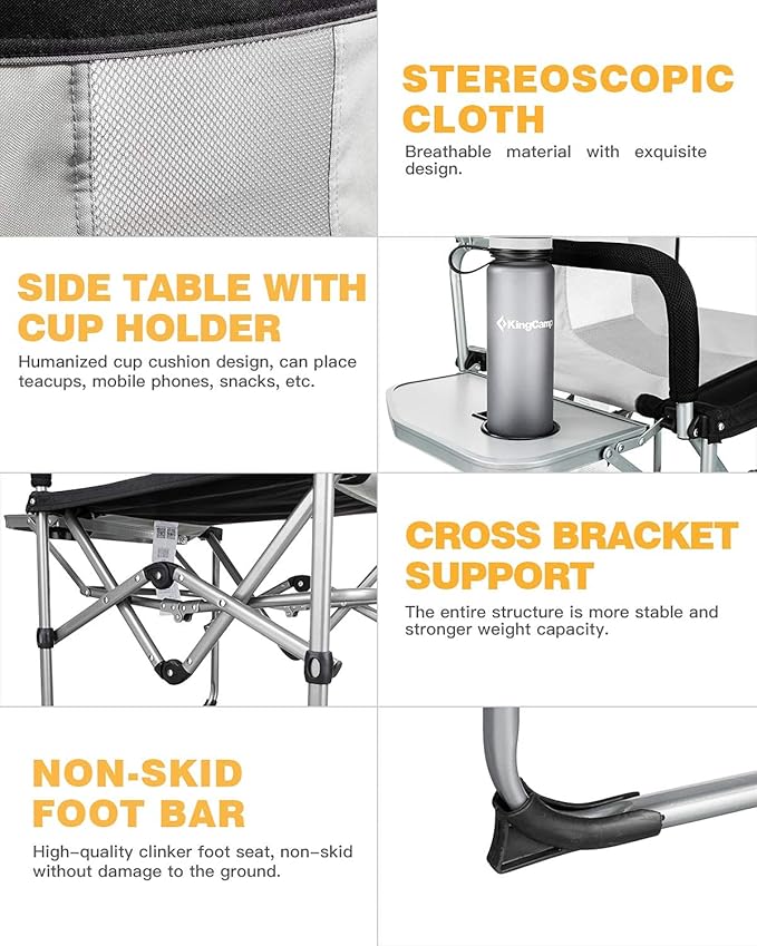 KingCamp Camping Chair Heavy Duty Folding Mesh Chair with Handle and Side Table 2 Pack