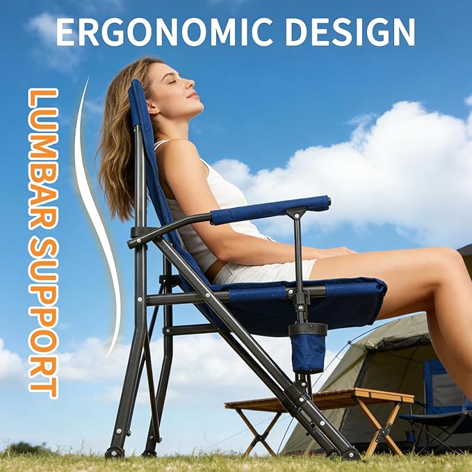 Romswi Oversized Camping Chairs 2 Pack 500 LBS Heavy Duty Folding Lawn Chairs with Hard Armrests Wide Seat Outdoor Chairs with Cup Holder &amp Side Pocket for Camping Beach Sports Backyard