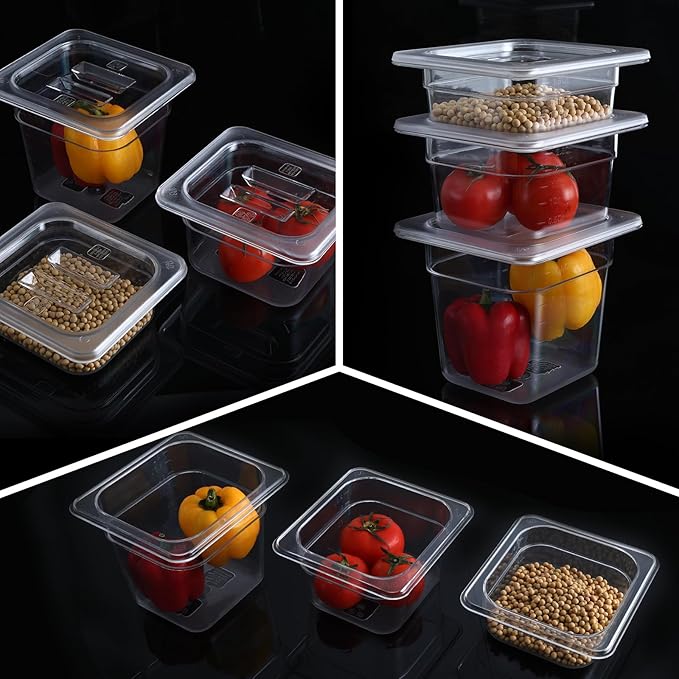 6 Pack 1/6 Size 6'' Deep Clear Food Pans with Lids Commercial Food Pans Polycarbonate Transparent Food Storage Containers Stackable Plastic Pan with Capacity Scale Restaurant Supplies Hotel Pan
