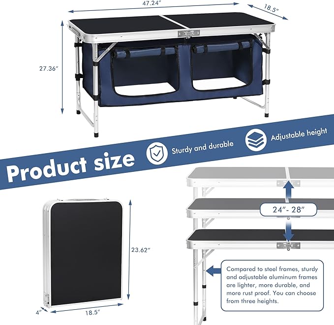 Camp Field Camping Folding Aluminum Table with Adjustable Legs for Outdoor Travel Beach Backyards BBQ Party and Picnic Foldable Table