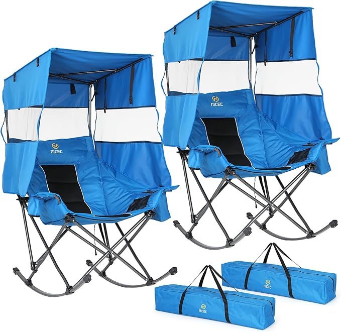 Nice C Rocking Camping Chair with Canopy XL Oversized Folding Rocker for Adult Outdoor Umbrella Chairs with Shade with Cup Holder Cooler Bag Carry Bag for Sports Patio Backyard (2 Pack Blue)