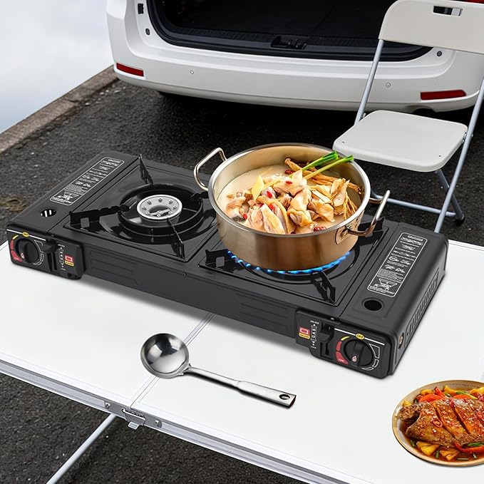 2-Burner Portable Camping Stove Butane Camping Stove Outdoor Travel Camp Stove for Camping BBQ Home (without Grill Tray)