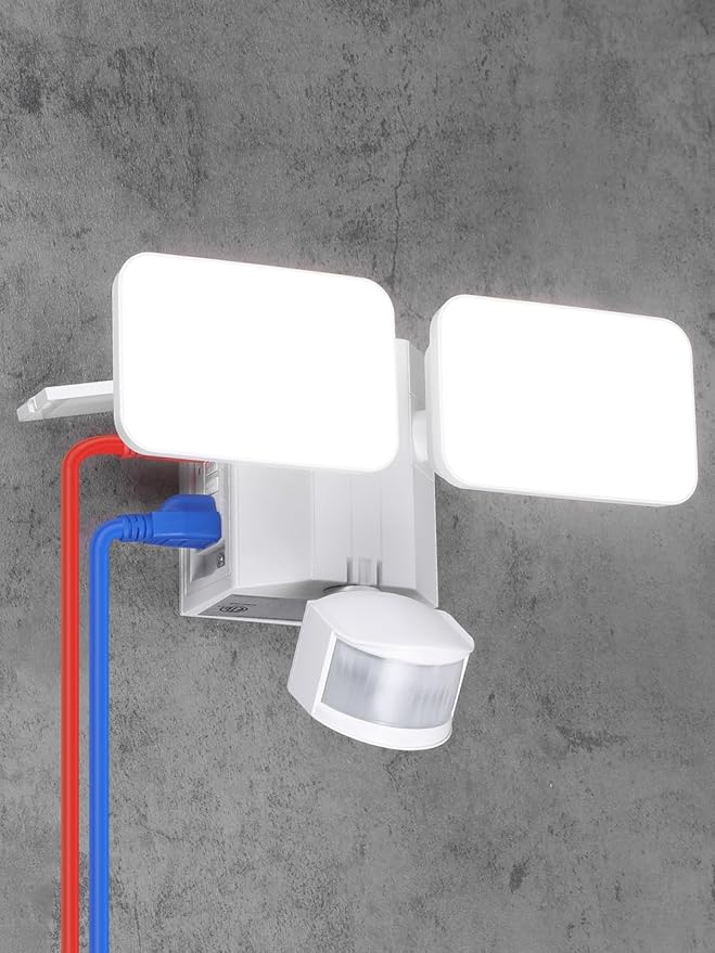 LEONLITE 28W LED Security Light with GFCI Outlets Motion Sensor &amp Dusk to Dawn Flood Lights Outdoor Adjustable 2-Head Wet Location 5000K Daylight ETL Listed White