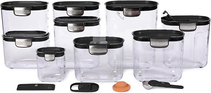 ProKeeper+ Airtight Food Storage Container Set – Clear Plastic Flour and Sugar Canister Set with Magnetic Accessories for Kitchen Organization (Black 13-Piece)