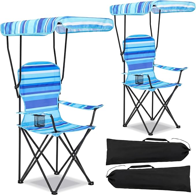 2 Pack Beach Chair with Canopy Shade Folding Camping Chairs with Canopy Portable Weather Resistant Lawn Chair with Cup Holder for Camping Beach Travel Picnic Fishing Sports