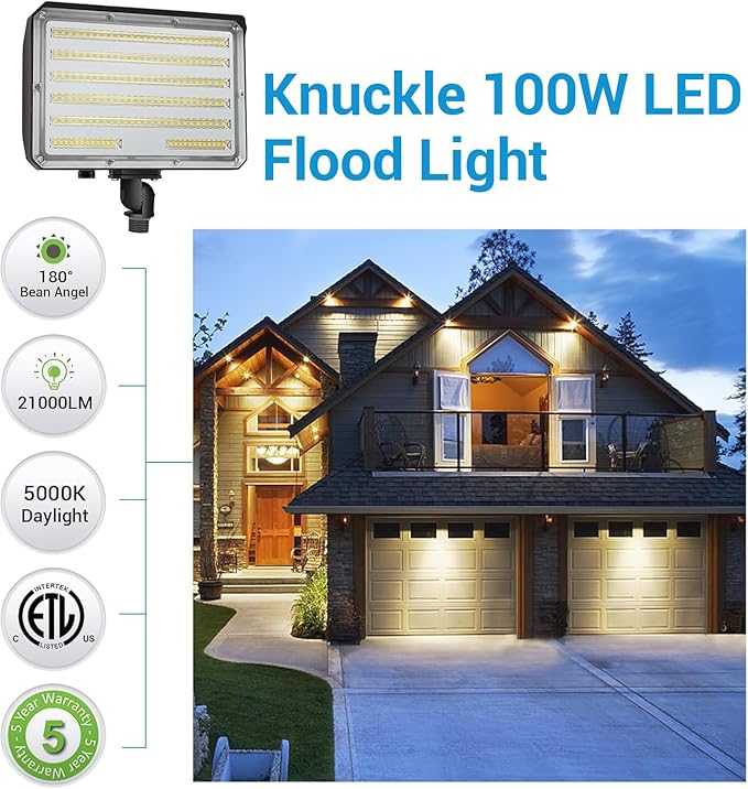 100W Outdoor LED Flood LightAC100-277V 14000Lumens 5000K IP65 Waterproof Knuckle Mount Floodlight for Yard GardenETL Listed