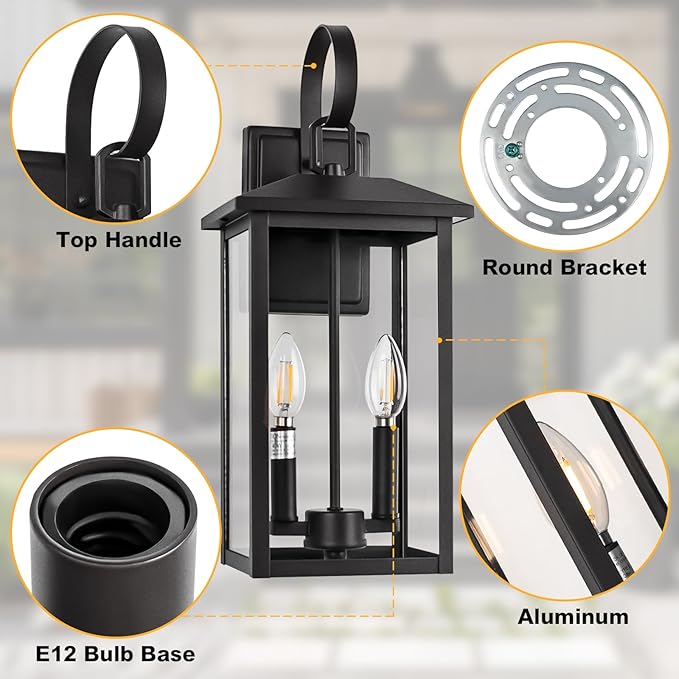 18 Large Black Outdoor Wall Light Fixture 2-Light Waterproof ETL Listed Outdoor Wall Lamp with Clear Glass E12 Socket Aluminum Outside Garage Light Lantern for House Porch Patio Garage